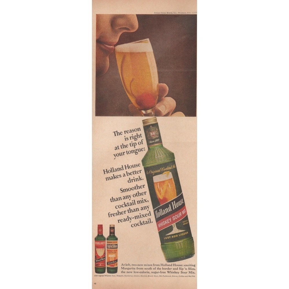 1967 Holland House Vintage Print Ad Whiskey Sour Mix Cocktail Bar Decor Art
